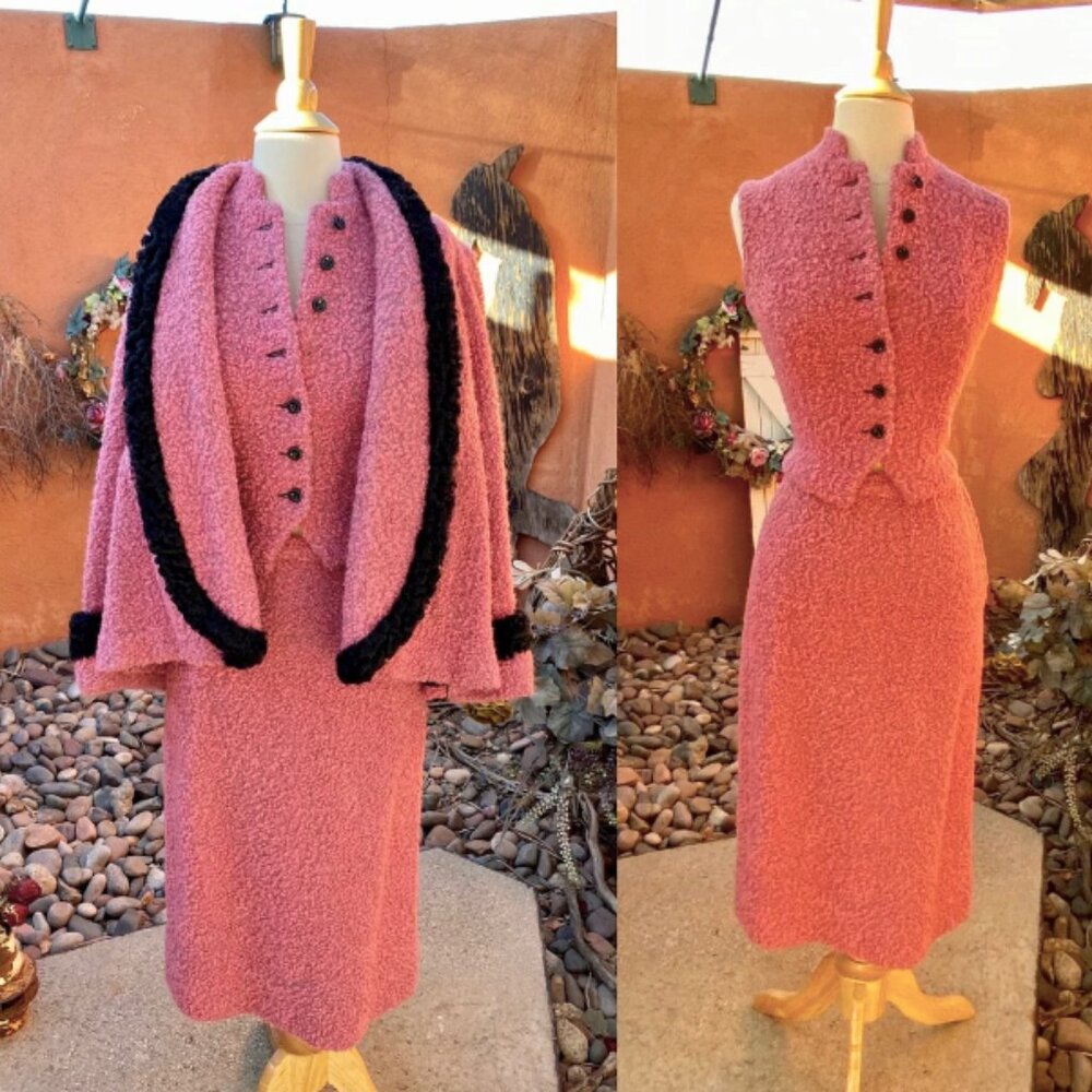 Vintage Pink Bouclé Three-Piece Jacket, Vest & Skirt Set